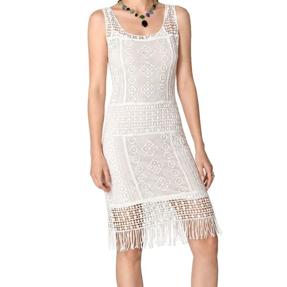 Lauren Ralph Lauren Dress S Ivory Crochet Lace Fringe Cotton Shift Sleeveless